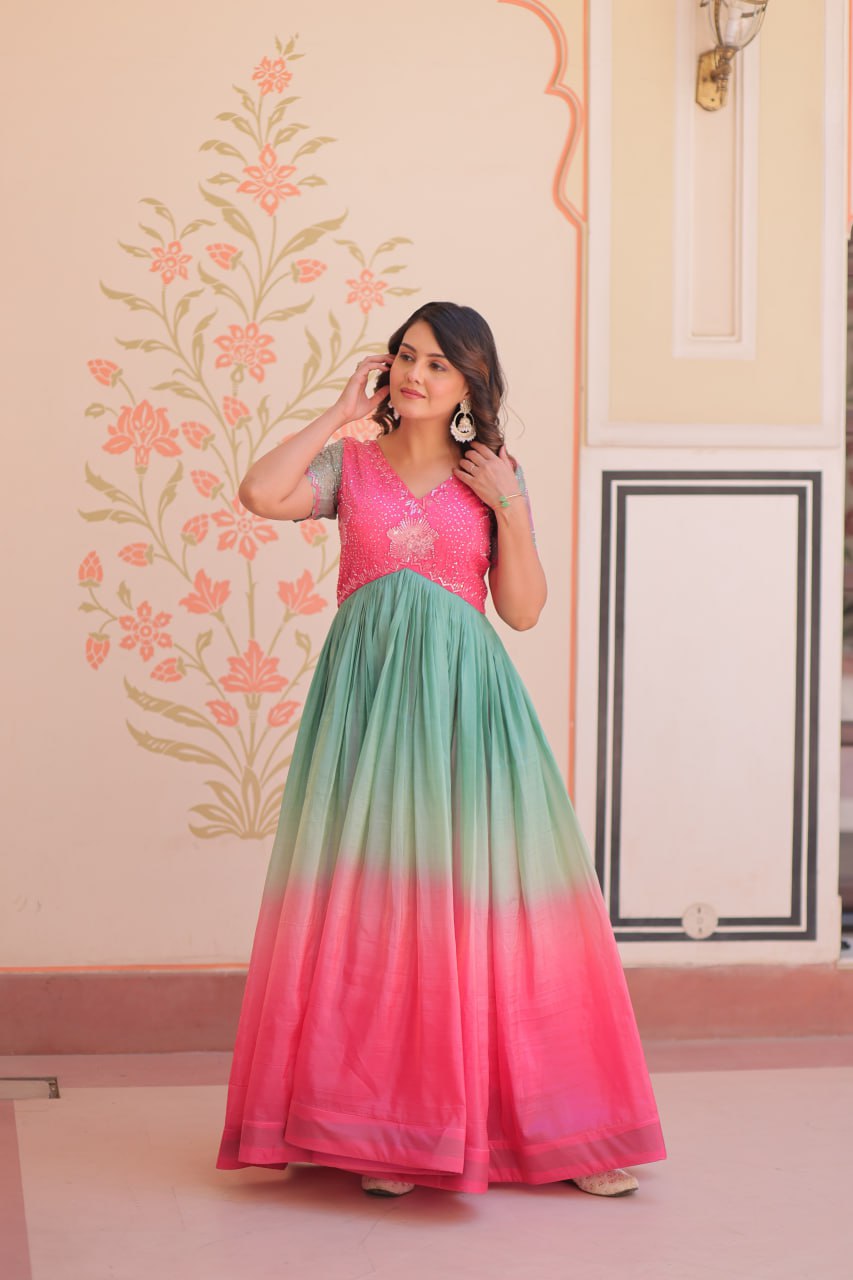 Women's Dual-Tone Ombre Gown in Candy Pink & Aqua Green with Embroidered Bodice β Festive & Contemporary Wear - Image 5